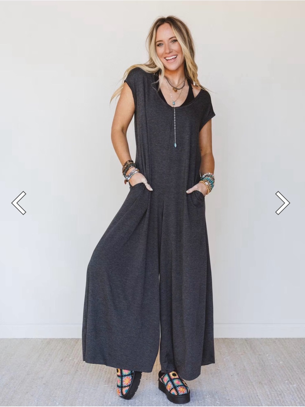 The Nest Daphne Scoop Neck Jumpsuit - Charcoal - Wide-Leg